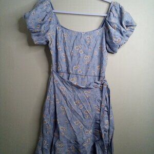 Trixxi Dress Women S Short Puffy Sleeve Ruffle Feminine Wrap Look Floral Blue